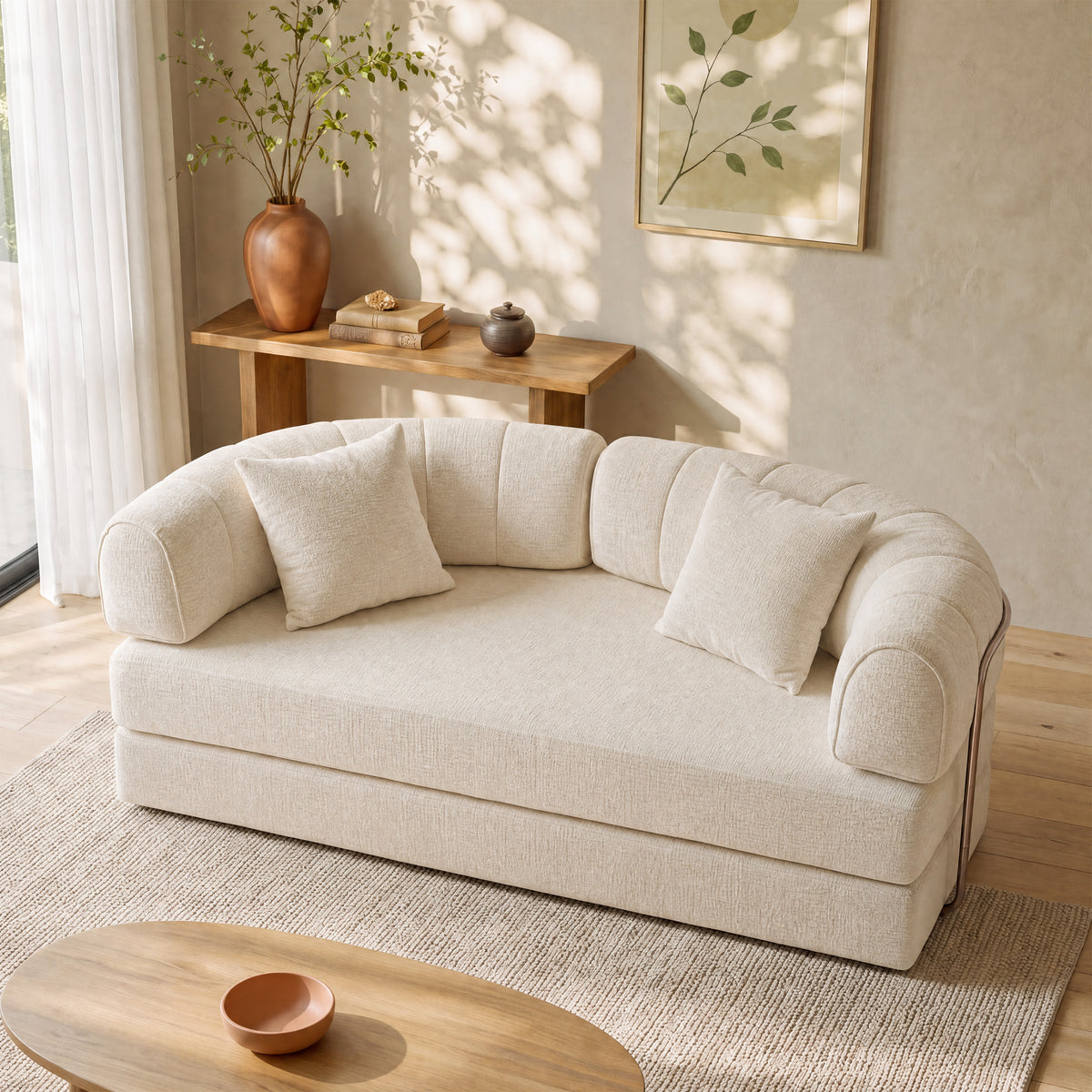 Modern Curved Sofa – Cream Soft Comfort. Timeless Style.