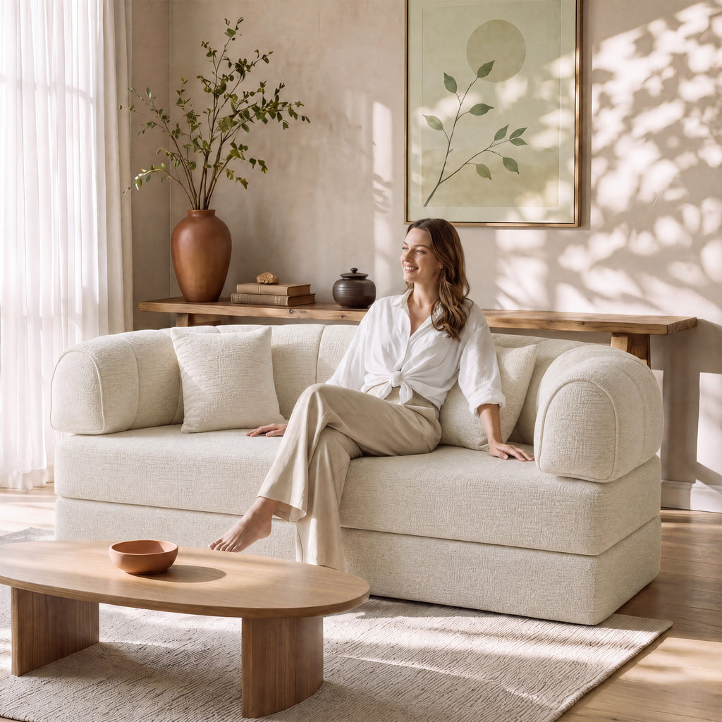Modern Curved Sofa – Cream Soft Comfort. Timeless Style.