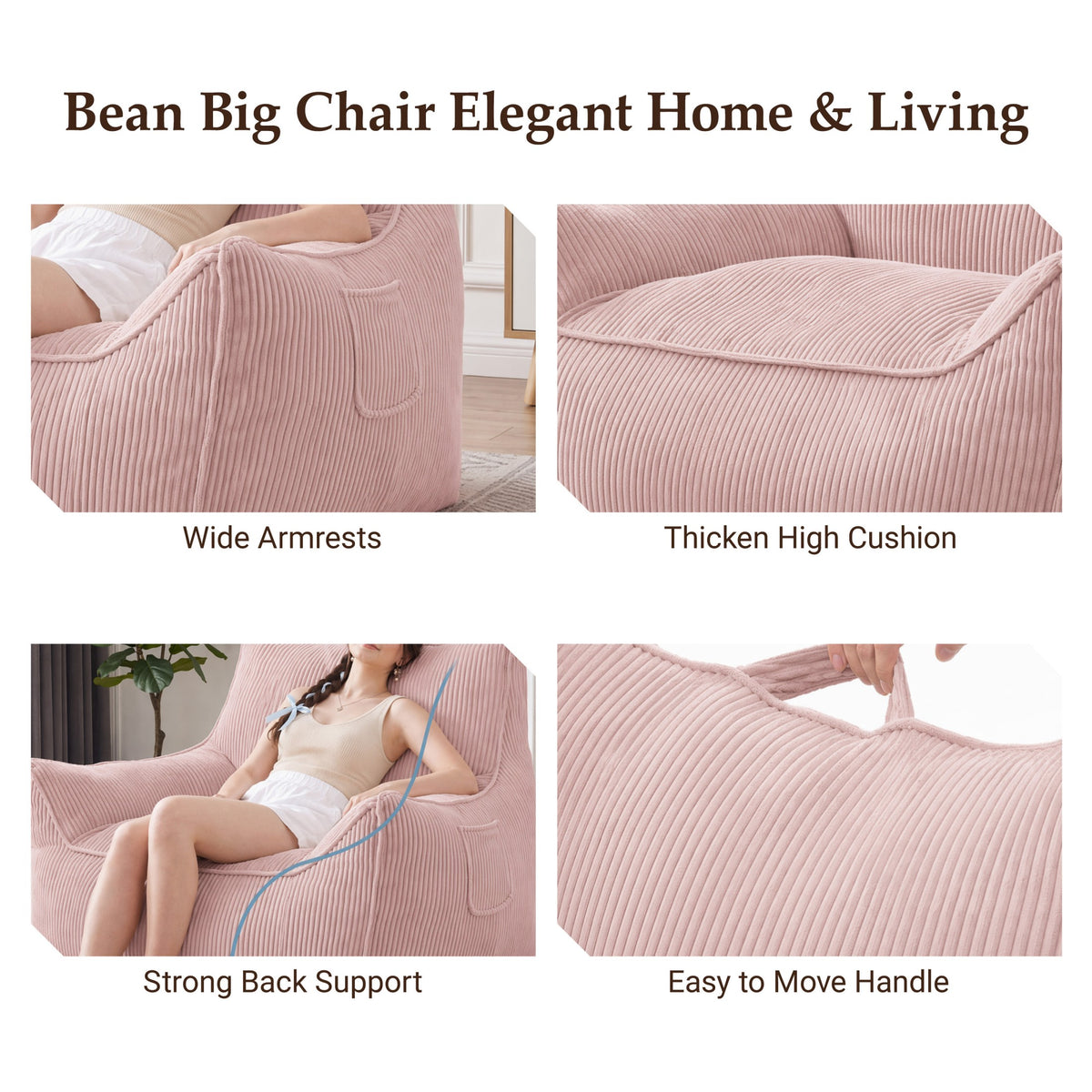 Oversized Corduroy Bean Bag Sofa, 2-Seater Comfy Lounge Chair for Living Room, Bedroom, 5 Colors Available