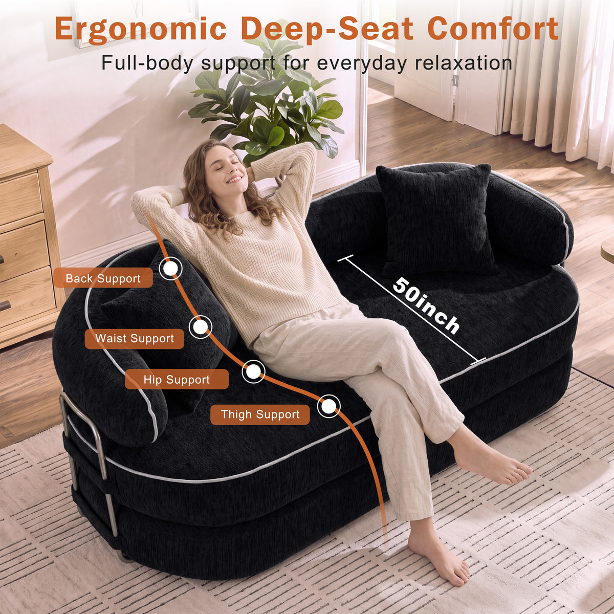 Modern Oversized Sofa with Plush Cushions – Black